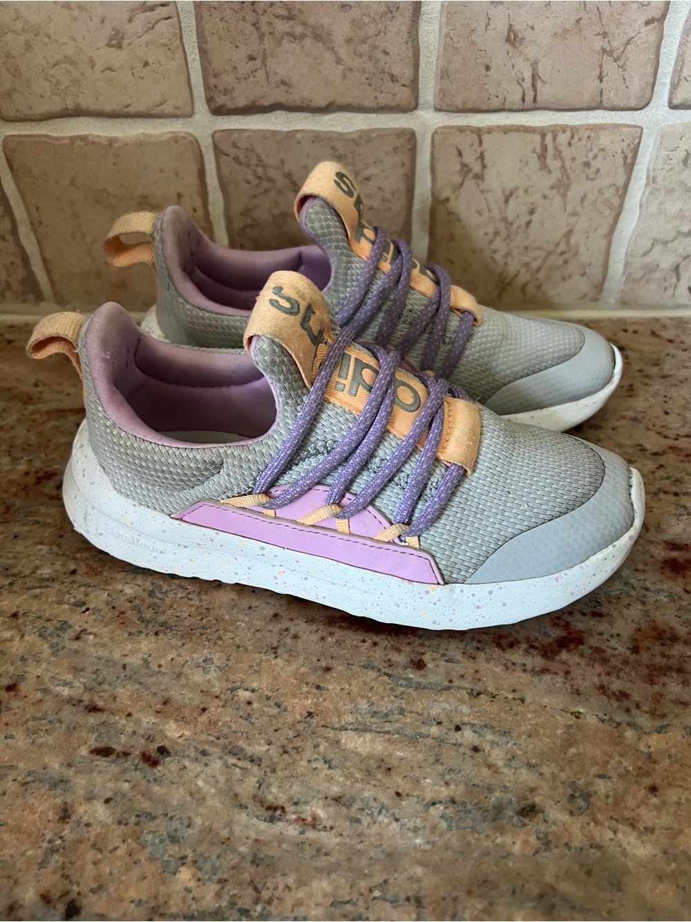 adidas Kids Gray Sneakers with Purple and Peach Accents